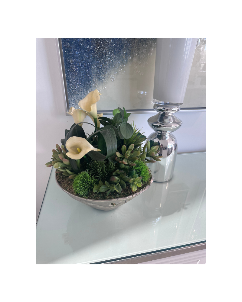 Mixed Floral in Silver Bowl - Green/White