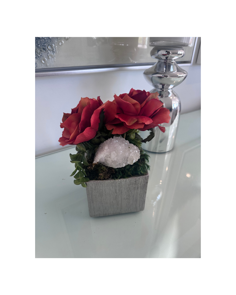 Sunset Roses with Crystal in Block Vase - Silver