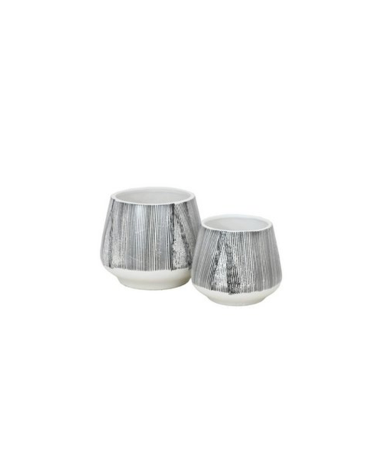 Set of 2 Stripe Pots - White