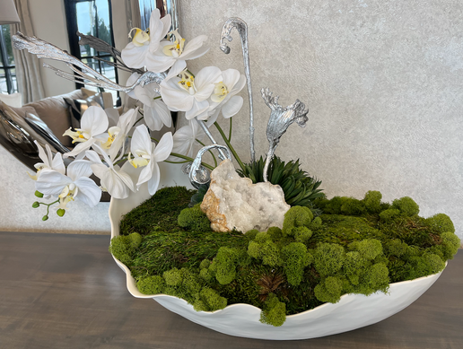 Floral Arrangement in White Bowl With Geode